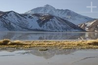 The "Quebrada del Agua" lagoon reflecting the Socompa volcano (Argentina-Chile border), province of Salta, Argentina