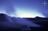 Dawn in the geysers El Tatio, Chile, on the Andean Altiplano (high plateau), the Andes Cordillera