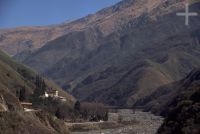 The valley (to the left, a hotel) of the Termas de Reyes hot springs, Jujuy, Argentina, the Andes Cordillera