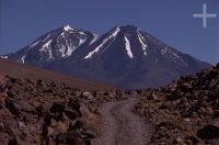 Landscape at the Laguna Miscanti, volcanoes in the background, Chile, the Andean Altiplano (high plateau), the Andes Cordillera